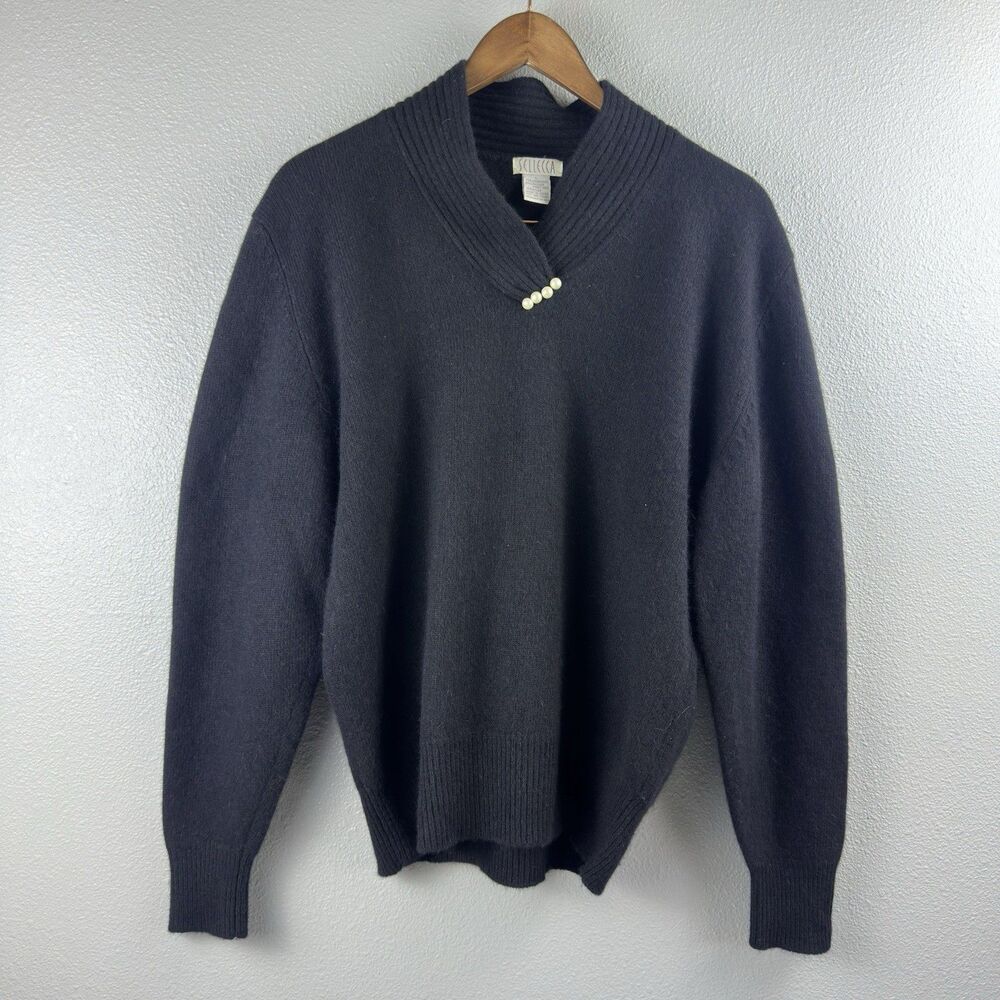 VTG Angora Lambswool Blend Sweater Pearl Detail Soft Cozy Minimalist Size L